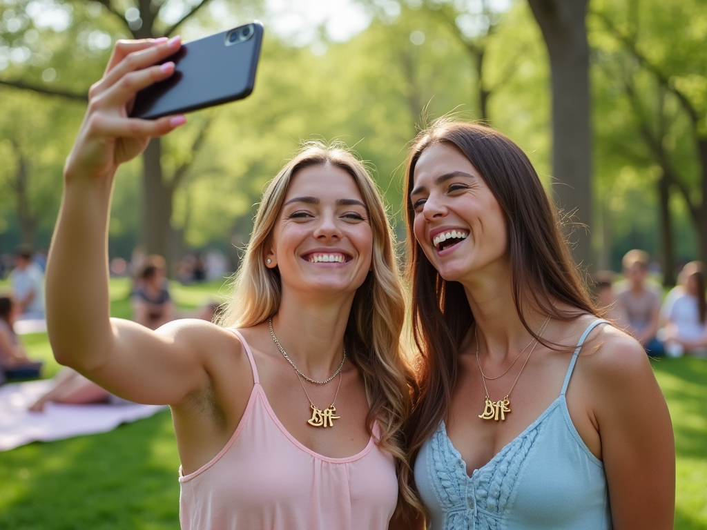 Dwie szczęśliwe kobiety robią selfie w parku, noszą naszyjniki z napisem "BFF".